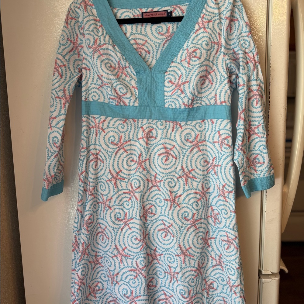 Vineyard Vines Aqua & Coral Spiral Starfish V-Neck Tunic Dress